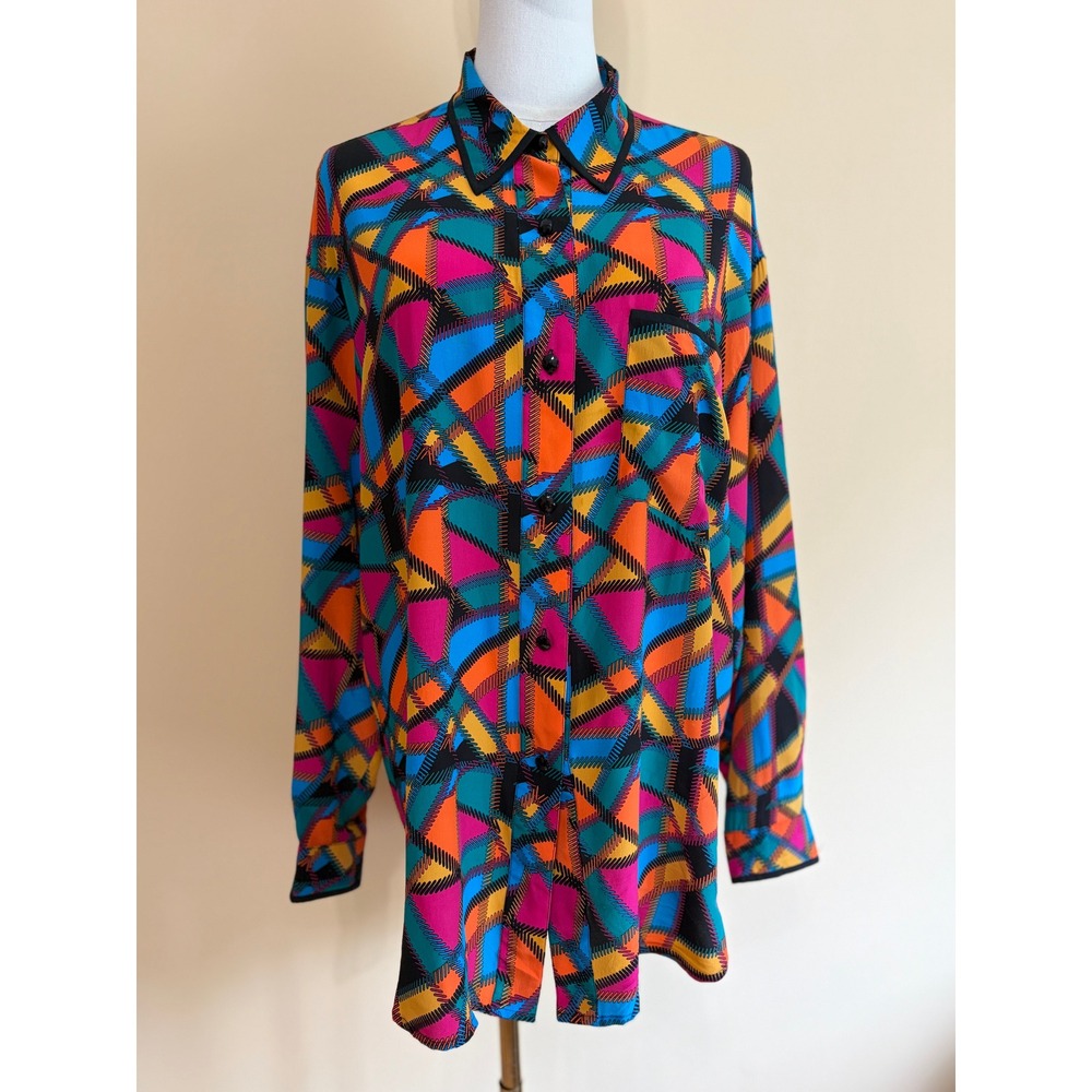 Vintage Oleg Cassini Multi Geometric Silk Abstract Blouse Women 12 Excellent